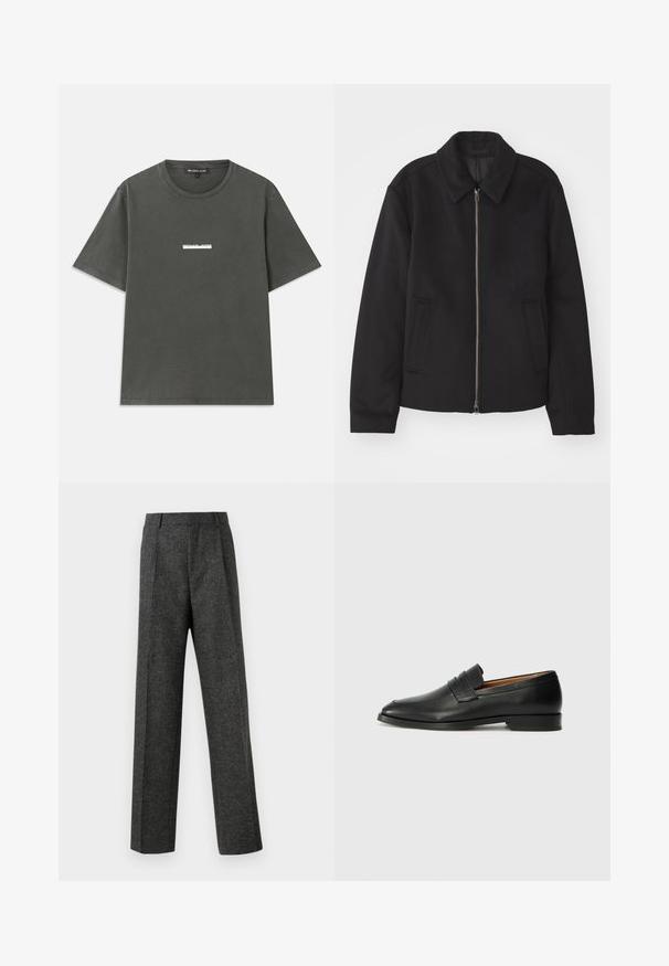 Black jacket with a zip closure, tailored design, a rounded collar, and slit pockets. Made from a smooth, textured fabric.; Gray cotton t-shirt with short sleeves, round neckline, and a white logo printed on the chest. Smooth texture with a casual design.; Gray tailored trousers made of textured fabric, featuring two front pleats and a straight-leg design. No visible pockets or embellishments.; Black leather loafer with a rounded toe, subtle stitched detailing, and a low heel, featuring a smooth texture and minimalist design.