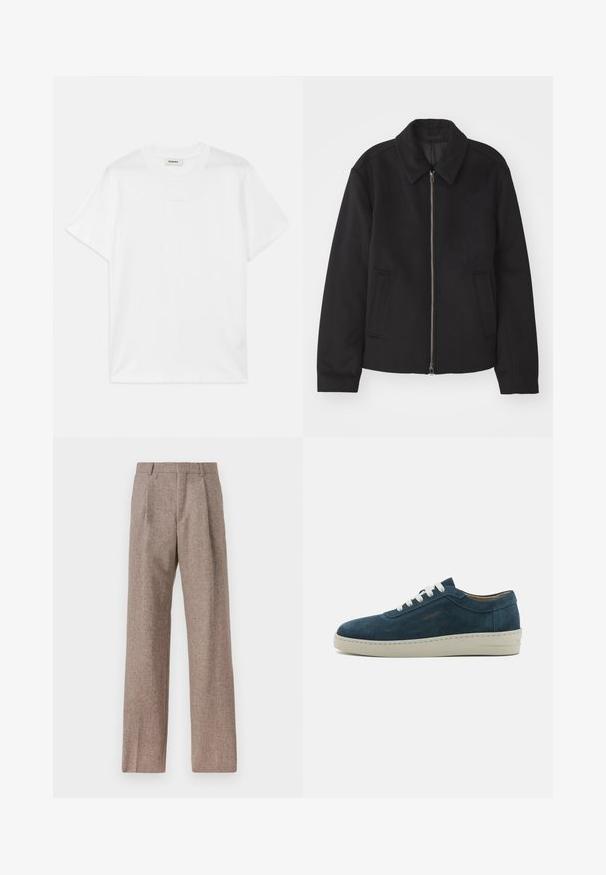 Zwarte jas met ritssluiting, op maat gemaakte ontwerp, ronde kraag en splitzakken. Gemaakt van een gladde, gestructureerde stof.; Witte katoenen t-shirt met een ronde hals, korte mouwen en een subtiele logo-print op de voorkant. Glad textuur en eenvoudig ontwerp.; Bruine, hooggewaisted broeken van een gestructureerde stof. Heeft wijde benen en twee voorplooien voor extra structuur. Net afgewerkt zonder zichtbare hardware.; Blauwe leren sneakertjes met een ronde neus, witte veters en een rubberen zool. Beschikt over subtiele stiksels en een merkaccent aan de zijkant.