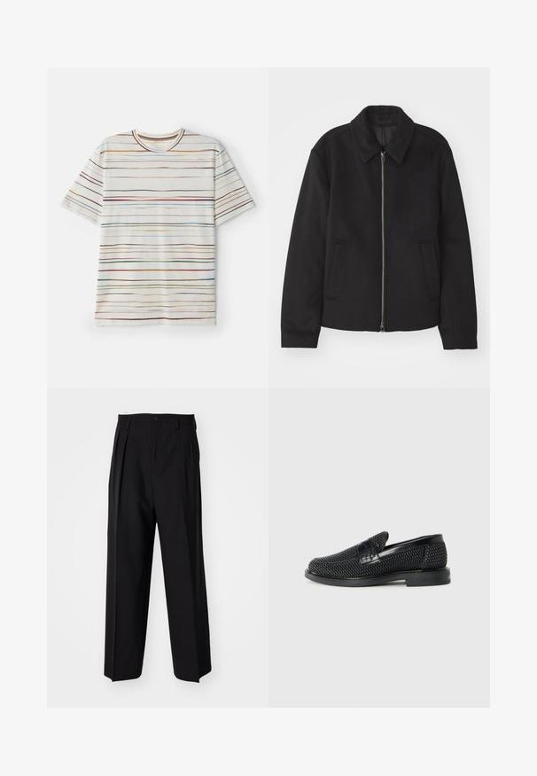 Giacca nera con chiusura con zip, design sartoriale, collo arrotondato e tasche a fessura. Realizzata in un tessuto morbido e texture.; T-shirt a maniche corte, base crema con strisce orizzontali multicolori. Tessuto morbido, collo rotondo, taglio dritto, design minimalista.; Pantaloni neri a pieghe con un design dritto e gamba larga. Realizzati in tessuto morbido, con chiusura a bottone e passanti per cintura.; Scarpa nera a mocassino intrecciata con un accentuato in pelle liscia sulla parte superiore, design a punta rotonda e suola in gomma a profilo basso.