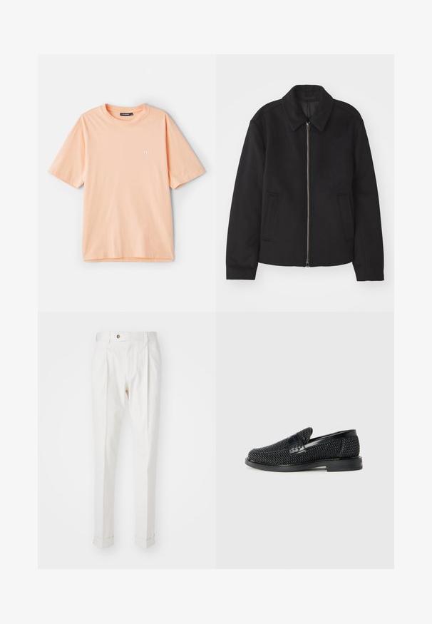 Črna jakna z zadrgo, prilagojena zasnova, okrogla ovratnica in žepi z rezi. Narejena iz gladke, teksturirane tkanine.; Majica s kratkimi rokavi breskevne barve iz bombaža, z okroglim izrezom in majhnim belim logotipom na levem prsnem delu.; Bela, krojena hlače z ravnim sprednjim delom, dvema naborkoma in zavitki. Narejene iz gladkega materiala z gumbom za zapiranje v pasu.; Črne pletene zavezane čevlje s gladkim usnjenim poudarkom na zgornjem delu, okroglo zasnovo nosu in nizkoprofilsko gumijasto podplat.