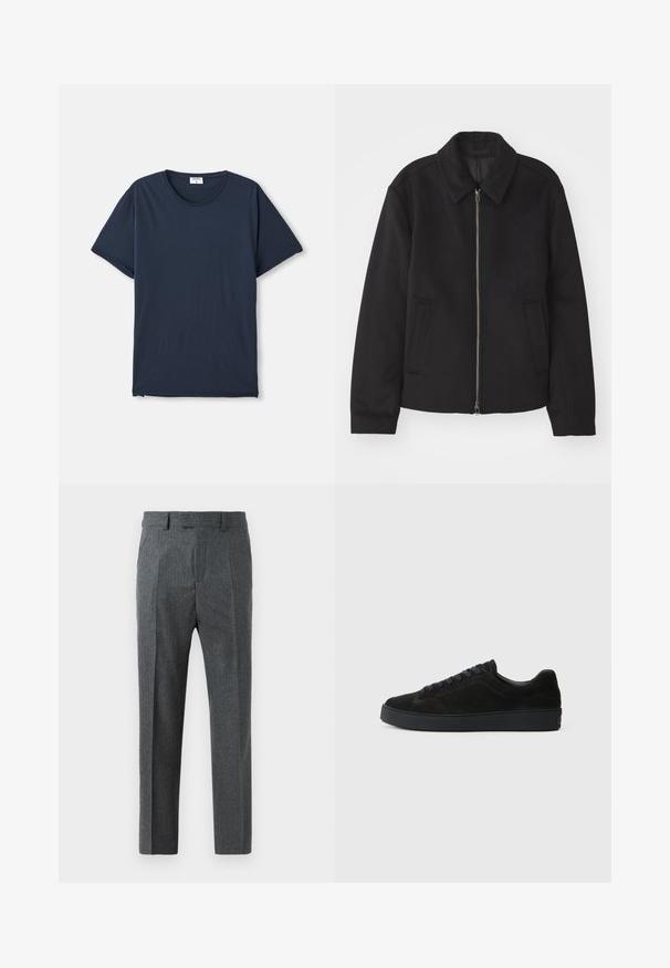 Giacca nera con chiusura con zip, design sartoriale, collo arrotondato e tasche a fessura. Realizzata in un tessuto morbido e texture.; T-shirt a maniche corte blu navy con collo tondo, dotato di un'etichetta bianca piccola all'interno del colletto, su uno sfondo bianco.; Pantaloni grigi su misura con un sottile motivo a quadri, design a gamba dritta e una texture del tessuto liscia. Presentano passanti per cintura e una chiusura con zip.; Sneaker in suede nera con suola piatta e testurizzata, punta arrotondata, sei occhielli per lacci e design minimalista.