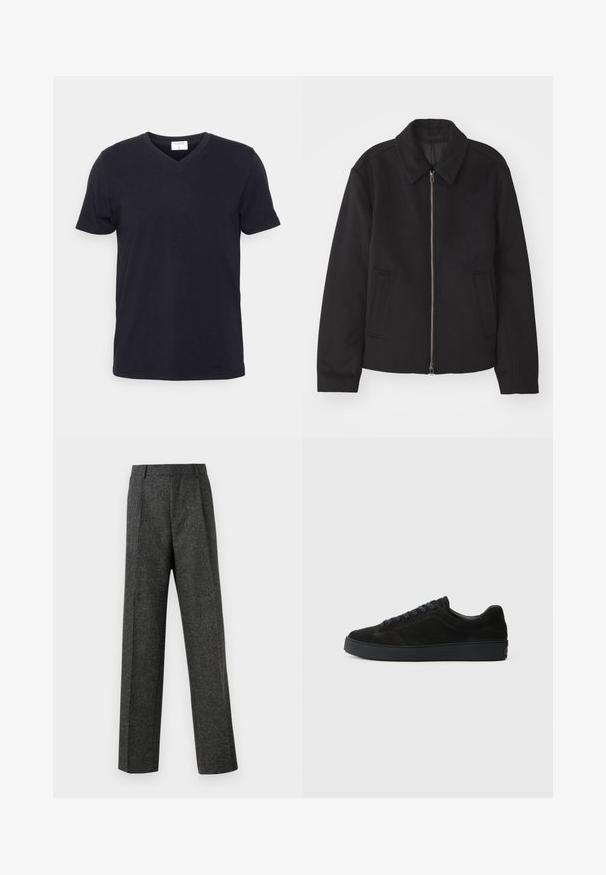 Juodas švarkas su užtrauktuku, pritaikyta forma, apvaliu apykakle ir kišenėmis su plyšiu. Pagamintas iš lygios, tekstūruotos medžiagos.; Juodas V formos apykaklės marškinėliai, pagaminti iš medvilnės, su trumpomis rankovėmis ir laisvu siluetu. Paprastas dizainas, be raštų ar papildomų akcentų.; Pilki pritaikyti kelnių modeliai, pagaminti iš tekstūruotos medžiagos, su dviem priekiniais klostėmis ir tiesiogine kojų forma. Nėra matomų kišenių ar puošybų.; Juodos suedinės sportbačiai su plokščiu, tekstūriniu padu, apvaliu pirštu, šešiais skylutėmis raištams ir minimalistišku dizainu.