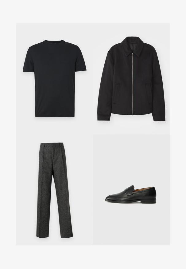 Crna jakna s patentnim zatvaračem, prilagođenog dizajna, zaobljenim kragnom i proreznim džepovima. Izrađena od glatkog, teksturiranog materijala.; Crna kratka majica s kratkim rukavima, izrađena od glatke, mekane tkanine, s okruglim izrezom i minimalističkim dizajnom. Nema vidljivih logotipa ili uzoraka.; Sive prilagođene hlače od teksturiranog materijala, s dva prednja nabora i ravnim krojem. Nema vidljivih džepova ili ukrasa.; Crni kožni loafer s okruglim vrhom, suptilnim šavovima i niskim petama, s glatkom teksturom i minimalističkim dizajnom.