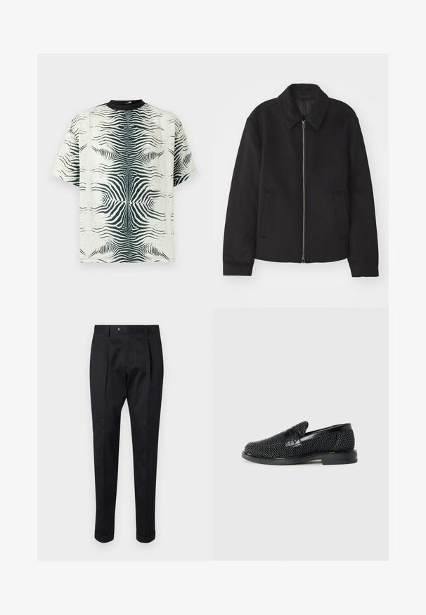 Čierna bunda so zipsom, upravený strih, okrúhly golier a bočné vrecká. Vyrobená z hladkej, textúrovanej látky.; Tričko s krátkym rukávom z krémového materiálu s čiernym zebrovým pruhom, s okrúhlym výstrihom a vo voľnom strihu.; Čierne nohavice vyrobené zo hladkej látky, s skladom vpredu, zapínaním na gombík a roľovanými manžetami na členkoch.; Čierne tkané slip-on topánky s hladkým koženým akcentom na vrchnej časti, s okrúlym dizajnom špičky a nízkoprofilovou gumovou podrážkou.