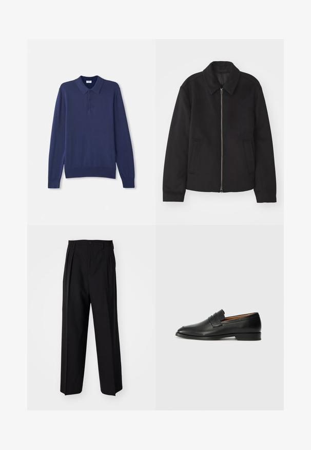 Must mustriga, mis on varustatud lukuga, kohandatud disaini, ümarate kaeluste ja lõhesalongidega taskudega. Valmistatud siledast, tekstuurilisest kangast.; Tumedatoon pikka varrukaga polo sviiter pehmest kudumist. Omab klassikalist krae, kolme nuppu ning soonikkoes varruka- ja allääri.; Mustad volditud püksid sirge ja laia säärega disainiga. Valmistatud siledast kangast, millel on nuppudega sulgemine ja vööaasad.; Must musta loafers ümarate varvastega, peene tikandiga ja madala kontsaga, millel on sile tekstuur ja minimalistlik disain.