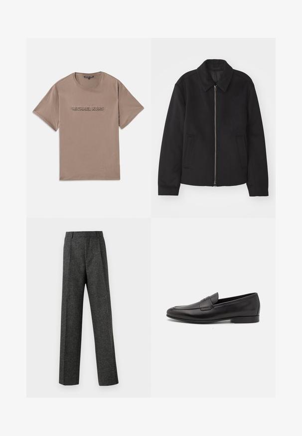 Casaco preto com fecho de correr, design ajustado, colarinho redondo e bolsos com fenda. Feito de um tecido liso e texturizado.; T-shirt de algodão castanho com gola redonda. Apresenta o logótipo em relevo "MICHAEL KORS" na parte da frente. Mangas curtas e design de corte reto.; Calças cinzentas ajustadas, feitas de um tecido texturizado, com duas pregas frontais e um design de perna reta. Sem bolsos visíveis ou enfeites.; Sapatilha masculina em couro preto, com salto baixo e um design clássico com tira de moeda, apresentada em perfil lateral sobre um fundo branco.
