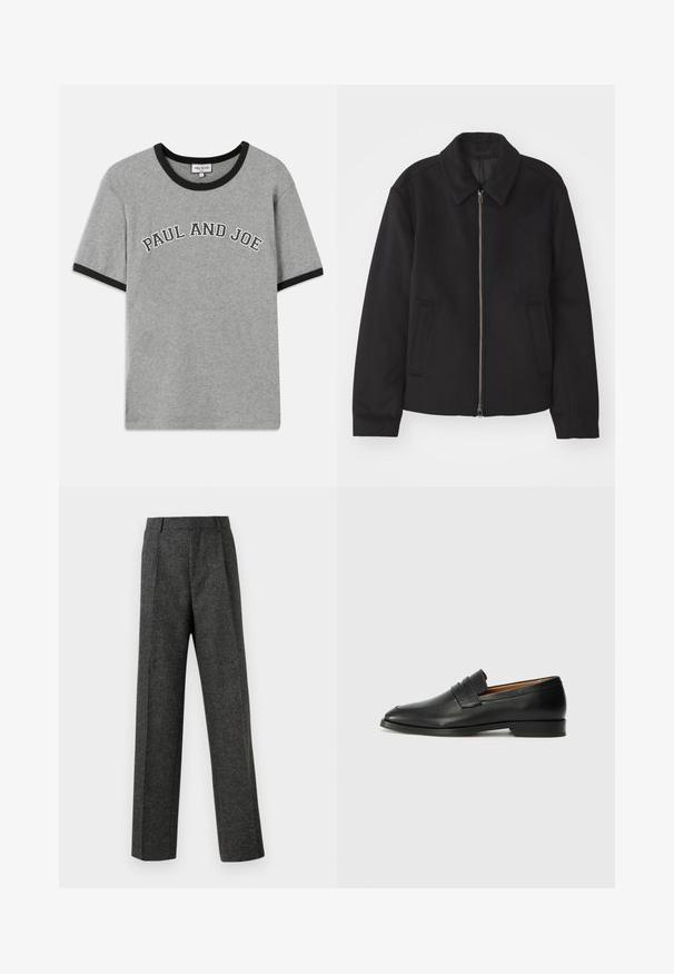 Schwarze Jacke mit Reißverschluss, tailliertem Schnitt, rundem Kragen und Schlitztaschen. Hergestellt aus einem glatten, strukturierten Stoff.; Graues Baumwoll-T-Shirt mit schwarzem geripptem Kragen und Ärmeln, auf der Vorderseite mit dem Text "PAUL AND JOE" in weißer, geschwungener Schrift.; Graue maßgeschneiderte Hose aus strukturiertem Stoff, mit zwei vorderen Falten und geradem Bein. Keine sichtbaren Taschen oder Verzierungen.; Schwarze Leder-Slipper mit runder Zehenform, dezenten gestickten Details und niedrigem Absatz, ausgestattet mit glatter Textur und minimalistischem Design.