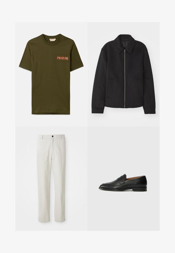 Must mustriga, mis on varustatud lukuga, kohandatud disaini, ümarate kaeluste ja lõhesalongidega taskudega. Valmistatud siledast, tekstuurilisest kangast.; Olive roheline puuvillane T-särk ümmarguse kaelusega, millel on väike paigatud tasku ja punase tikandiga "MARNI".; Beezid sirgedega püksid, millel on vöökohakinnitus, esine nupuga ja tõmblukk, näidatud lapikult valgel taustal.; Must musta loafers ümarate varvastega, peene tikandiga ja madala kontsaga, millel on sile tekstuur ja minimalistlik disain.