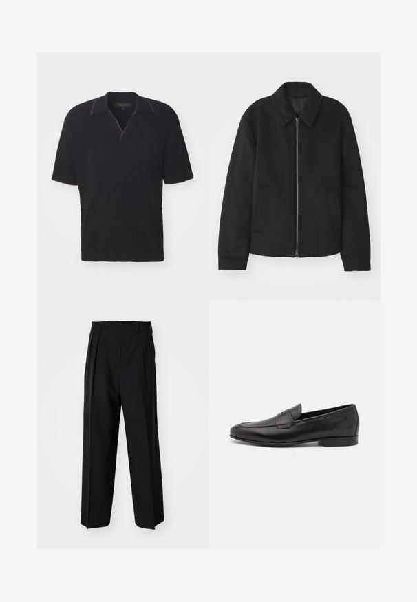 Sort jakke med lynlås, skræddersyet design, rund krave og slidser. Fremstillet af et glat, textureret stof.; rag & bone HARBOR JOHNNY COLLAR - Poloshirts - black; Sorte plisserede bukser med et lige, bred ben-design. Fremstillet af glat stof, med en knaplukning og bæltesløjfer.; Sort læder herre loafers med lav hæl og et klassisk penny strap design, vist i sideprofil på en hvid baggrund.
