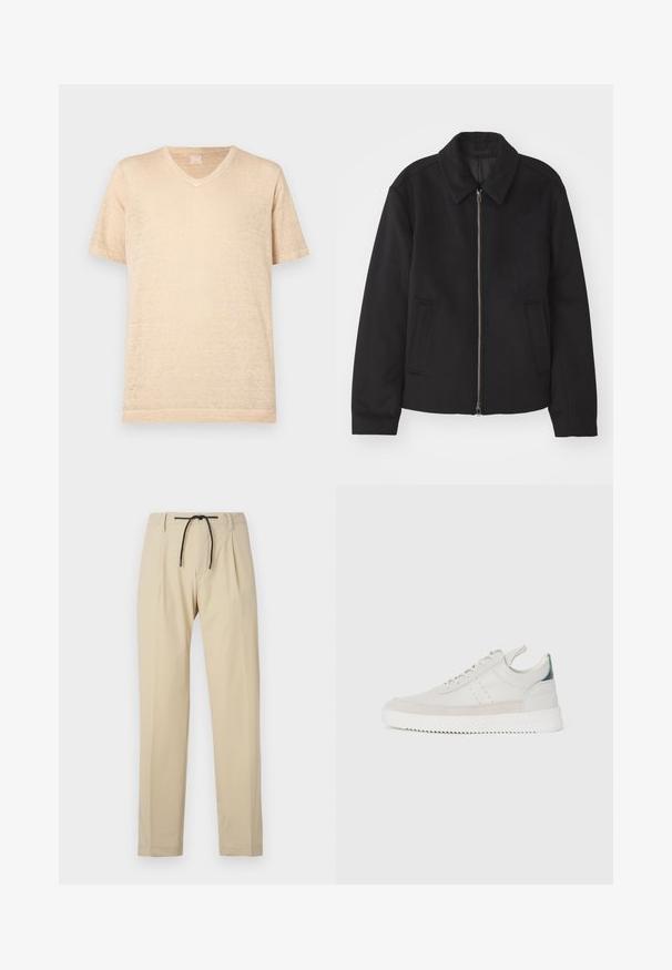Črna jakna z zadrgo, prilagojena zasnova, okrogla ovratnica in žepi z rezi. Narejena iz gladke, teksturirane tkanine.; Bež majica s kratkimi rokavi in V-izrezom, izdelana iz lahkega, strukturalnega blaga; ima sproščen kroj in minimalne šive.; Bež hlače s ravnim krojem, z elastičnim pasom, plisejem na sprednji strani in gladko teksturo. Preprost, vsestranski dizajn.; Beli usnjeni športni čeveljčki z sivo alkantaro, z vezalkami, z ježkom in teksturiranim gumijastim podplatom s cik-cak vzorcem.