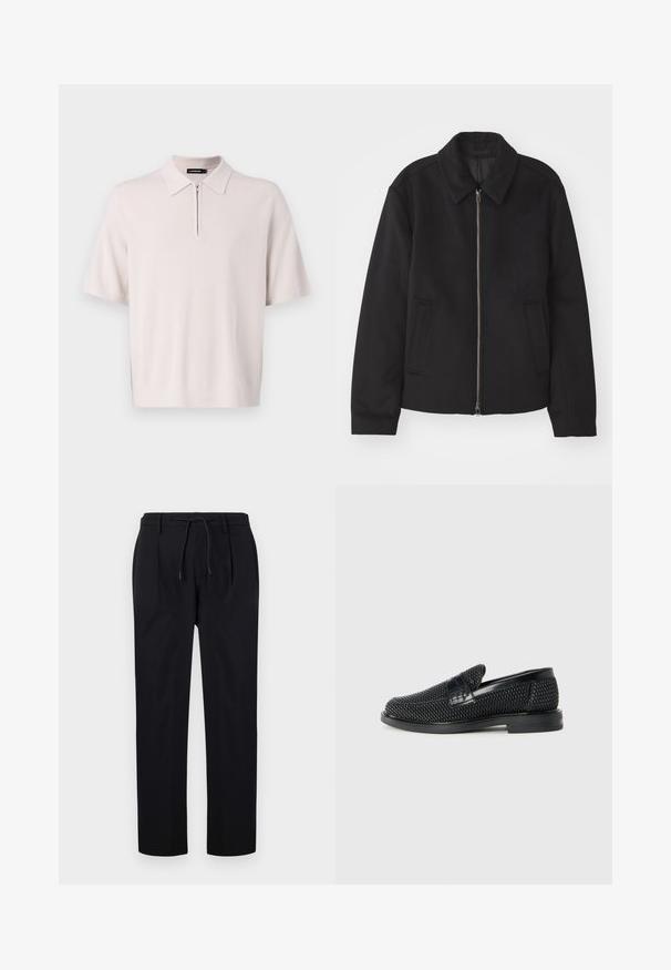 Melnā jaka ar rāvējslēdzēju, piegrieztas formas dizains, noapaļots apkakle un šķēluma kabatas. Izgatavota no gludas, teksturētas auduma.; Gaiši bežs īsām piedurknēm polo krekls ar rāvējslēdzēja kaklu un ribbinātu apakšmalu, izgatavots no mīkstas adītas auduma. Iezīmē klasiska apkakles dizainu.; Melni bikses, kas izgatavotas no gludas auduma, ar auklu jostasvietā, taisnām kājām un priekšējiem bārkstiem, lai nodrošinātu strukturētu izskatu.; Melnas austas slaidu kurpes ar gludu ādas akcentu augšpusē, apaļas formas purngalu un zemas profila gumijas zoli.