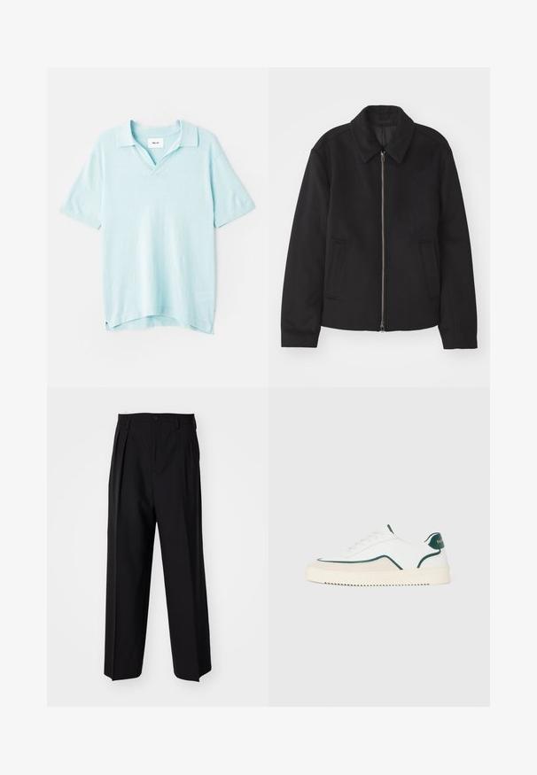 Čierna bunda so zipsom, upravený strih, okrúhly golier a bočné vrecká. Vyrobená z hladkej, textúrovanej látky.; Svetlomodrá polokošeľa s krátkym rukávom, s V-výstrihom, vo voľnom strihu, s mäkkou textúrou a bočnými rozparokmi pre pohodlný pohyb.; Čierne skladané nohavice s rovnom, širokým strihom. Vyrobené z hladkého materiálu, s gombíkovým zapínaním a pútkami na opasok.; Biele nízke tenisky s zeleným lemovaním, béžovými zamatovými detailami a krémovou podošvou s drsným dnom.