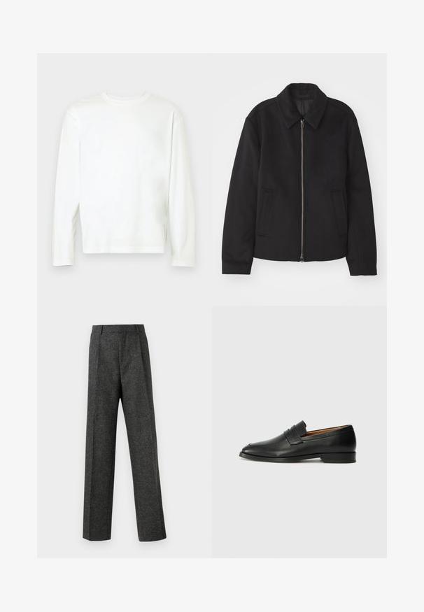 Čierna bunda so zipsom, upravený strih, okrúhly golier a bočné vrecká. Vyrobená z hladkej, textúrovanej látky.; Dlhý rukáv biele tričko z mäkkej bavlny, s okrúhlym výstrihom, bočnými rozparkami a voľným strihom. Hladká textúra, bez vzorov alebo akcentov.; Sivé úzke nohavice z textúrovanej látky, s dvoma prednými skladmi a rovnými nohavicami. Bez viditeľných vreciek alebo ozdôb.; Čierne kožené mokasíny s okrúhlou špičkou, jemným prešitím a nízkym podpätkom, s hladkou textúrou a minimalistickým dizajnom.