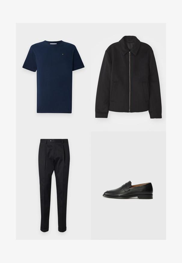 Giacca nera con chiusura con zip, design sartoriale, collo arrotondato e tasche a fessura. Realizzata in un tessuto morbido e texture.; T-shirt blu navy a maniche corte in cotone, con colletto rotondo e un piccolo emblema bianco sul petto; texture liscia.; Pantaloni neri realizzati in un tessuto liscio, con una piega sul davanti, chiusura con bottone e risvolti alla caviglia.; Mocassino in pelle nera con punta arrotondata, dettagli cuciti sottili e tacco basso, caratterizzato da una texture liscia e un design minimalista.