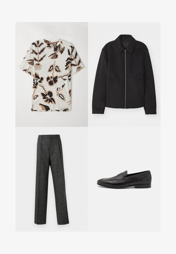 Giacca nera con chiusura con zip, design sartoriale, collo arrotondato e tasche a fessura. Realizzata in un tessuto morbido e texture.; T-shirt a maniche corte realizzato in tessuto morbido, con uno sfondo crema e motivi floreali astratti in nero, marrone e blu chiaro.; Pantaloni grigi su misura realizzati in tessuto strutturato, con due pieghe frontali e un design a gamba dritta. Nessuna tasca o decorazione visibile.; Mocassino da uomo in pelle nera con tacco basso e design classico a striscia, mostrato in profilo laterale su sfondo bianco.