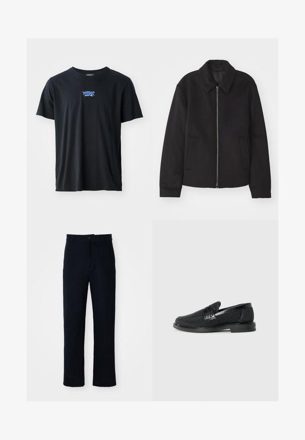 Chaqueta negra con cierre de cremallera, diseño ajustado, cuello redondeado y bolsillos con abertura. Fabricada en un tejido suave y texturizado.; Camiseta de algodón negra con mangas cortas y un escote redondo. Presenta un logo azul en el pecho. Diseño simple y clásico.; Pantalones azul marino de algodón, con un diseño de pierna recta, cierre frontal de botón y una cintura clásica con pasadores para cinturón.; Zapato negro de tejido con un acento de cuero suave en la parte superior, diseño de punta redonda y suela de goma de perfil bajo.