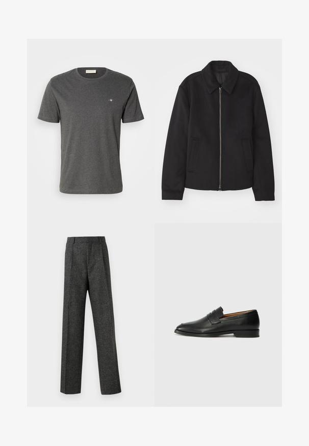 Giacca nera con chiusura con zip, design sartoriale, collo arrotondato e tasche a fessura. Realizzata in un tessuto morbido e texture.; GANT PRINTED ARCHIVE SHIELD - T-shirt basic - antracit melange; Pantaloni grigi su misura realizzati in tessuto strutturato, con due pieghe frontali e un design a gamba dritta. Nessuna tasca o decorazione visibile.; Mocassino in pelle nera con punta arrotondata, dettagli cuciti sottili e tacco basso, caratterizzato da una texture liscia e un design minimalista.