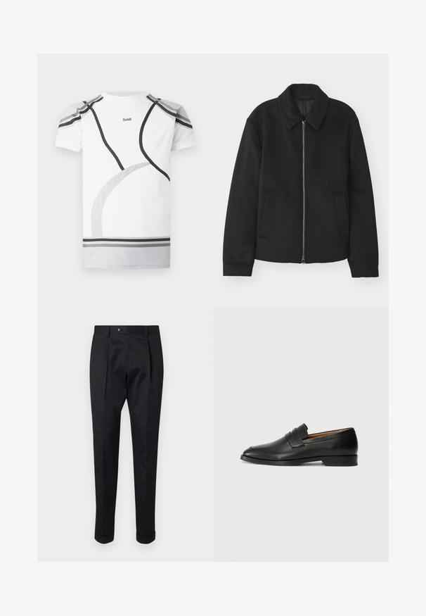 Czarna kurtka z zamkiem błyskawicznym, dopasowany krój, okrągły kołnierz i kieszenie cięte. Wykonana z gładkiego, teksturowanego materiału.; Biała koszulka sportowa z szaro-czarnymi zakrzywionymi akcentami, siateczkowymi panelami na ramionach oraz logo z tyłu. Zaprojektowana z myślą o dopasowanym kroju i komforcie.; Czarne spodnie wykonane z gładkiego materiału, z zakładką z przodu, zapięciem na guzik i podwiniętymi mankietami na kostkach.; Czarne skórzane mokasyny z zaokrąglonym noskiem, subtelnymi przeszyciami i niskim obcasem, charakteryzujące się gładką teksturą i minimalistycznym designem.