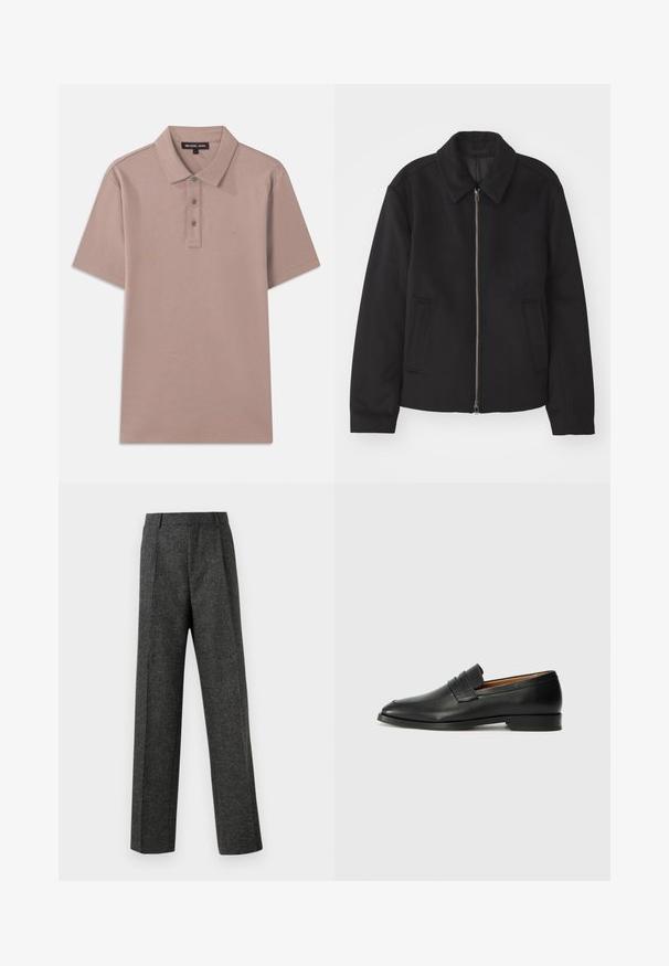 Juodas švarkas su užtrauktuku, pritaikyta forma, apvaliu apykakle ir kišenėmis su plyšiu. Pagamintas iš lygios, tekstūruotos medžiagos.; Šviesiai rudos spalvos polo marškiniai su trumpomis rankovėmis, trijų mygtukų užsegimu ir siuvinėtu "MK" logotipu ant krūtinės. Sklandi tekstūra.; Pilki pritaikyti kelnių modeliai, pagaminti iš tekstūruotos medžiagos, su dviem priekiniais klostėmis ir tiesiogine kojų forma. Nėra matomų kišenių ar puošybų.; Juodas odinis loaferis su apvaliu nosiu, subtiliomis siuvimo detalėmis ir žemu kulnu, pasižymintis lygia tekstūra ir minimalistiniu dizainu.