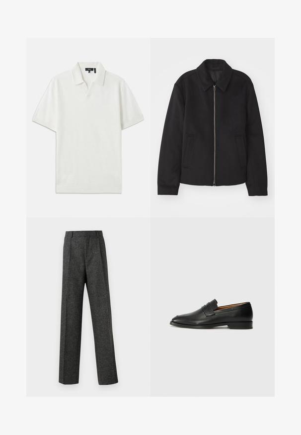 Juodas švarkas su užtrauktuku, pritaikyta forma, apvaliu apykakle ir kišenėmis su plyšiu. Pagamintas iš lygios, tekstūruotos medžiagos.; Baltas trumpas rankovėmis polo marškinėliai su tekstūruotu raštu, V formos apykakle ir minkšta medžiaga. Pasirinkti subtilūs, švarūs linijų bruožai ir laisvas siluetas.; Pilki pritaikyti kelnių modeliai, pagaminti iš tekstūruotos medžiagos, su dviem priekiniais klostėmis ir tiesiogine kojų forma. Nėra matomų kišenių ar puošybų.; Juodas odinis loaferis su apvaliu nosiu, subtiliomis siuvimo detalėmis ir žemu kulnu, pasižymintis lygia tekstūra ir minimalistiniu dizainu.