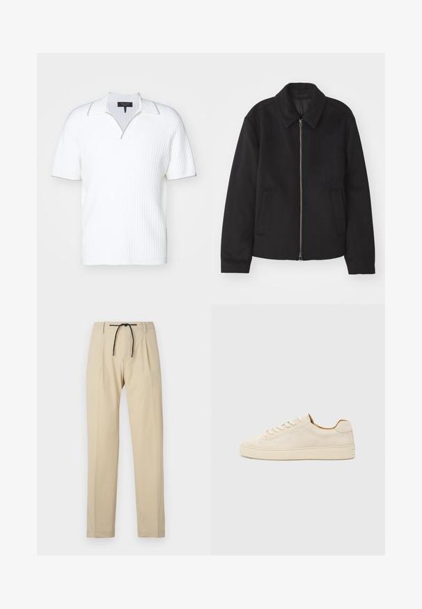 Zwarte jas met ritssluiting, op maat gemaakte ontwerp, ronde kraag en splitzakken. Gemaakt van een gladde, gestructureerde stof.; rag & bone HARBOR JOHNNY COLLAR - Poloshirt - ivory; Beige broek met een rechte pasvorm, voorzien van een verstelbare tailleband, geplooide voorkant en een soepele textuur. Eenvoudig, veelzijdig ontwerp.; Beige suède sneaker met een low-top ontwerp, ronde neus, platte veters en een gestructureerde rubberen zool. Minimalistische stijl zonder zichtbare logo's.