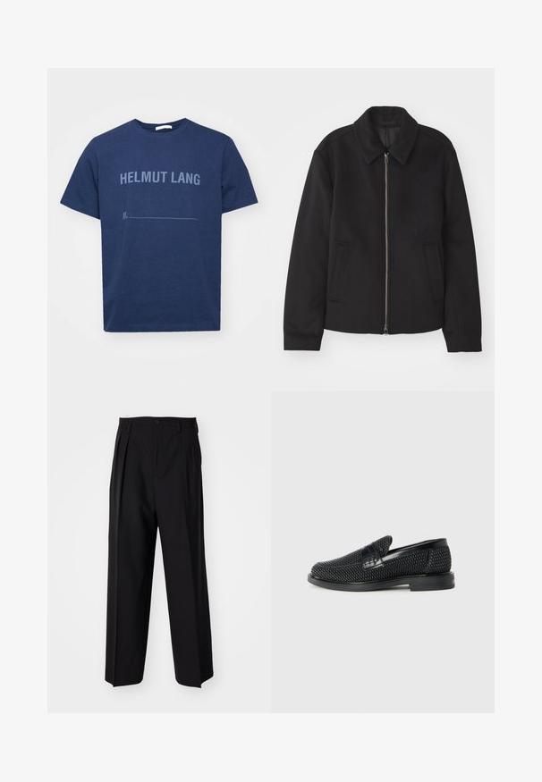 Čierna bunda so zipsom, upravený strih, okrúhly golier a bočné vrecká. Vyrobená z hladkej, textúrovanej látky.; Námornícka modrá bavlnená tričko s krátkymi rukávmi, na ktorom je vytlačený nápis "HELMUT LANG" svetlomodrou farbou a pod ním prázdna línia.; Čierne skladané nohavice s rovnom, širokým strihom. Vyrobené z hladkého materiálu, s gombíkovým zapínaním a pútkami na opasok.; Čierne tkané slip-on topánky s hladkým koženým akcentom na vrchnej časti, s okrúlym dizajnom špičky a nízkoprofilovou gumovou podrážkou.