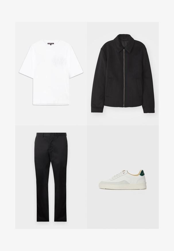 Čierna bunda so zipsom, upravený strih, okrúhly golier a bočné vrecká. Vyrobená z hladkej, textúrovanej látky.; Biely bavlnený tričko s okrúhlym výstrihom, krátkymi rukávmi a textúrovaným logom "MK" na ľavej náprsnej vrecku.; Čierne bavlnené nohavice so strihom rovného nohu, s predným zapínaním na gombík a bočnými vreckami, s hladkou textúrou, bez viditeľných vzorov.; Biele tenisky s semišovými akcentmi, zaoblenou špičkou, plochými šnúrkami a krémovou gumovou podrážkou. Na päte sú zelené značky.