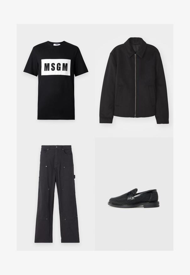 Melnā jaka ar rāvējslēdzēju, piegrieztas formas dizains, noapaļots apkakle un šķēluma kabatas. Izgatavota no gludas, teksturētas auduma.; Melnas kokvilnas T-krekls ar īsām piedurknēm, ar baltu taisnstūra logo, kurā uzrakstīts "MSGM" treknrakstā melnās burtiem uz priekšpuses.; Melni cargo bikses, izgatavotas no izturīgas auduma, ar taisnu kāju dizainu, kas aprīkotas ar priekšējām kabatām, sprādzēm un sānu utilitātes kabatām.; Melnas austas slaidu kurpes ar gludu ādas akcentu augšpusē, apaļas formas purngalu un zemas profila gumijas zoli.