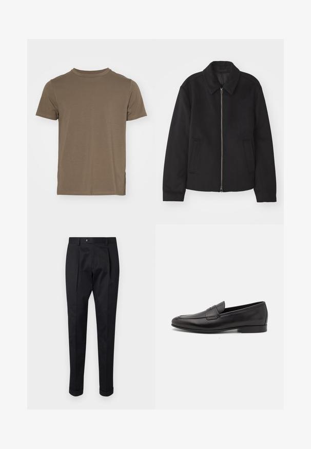 Black jacket with a zip closure, tailored design, a rounded collar, and slit pockets. Made from a smooth, textured fabric.; Brown cotton t-shirt with short sleeves, round neck, and a relaxed fit. Features side slits at the hem for added comfort.; Black trousers made of a smooth fabric, featuring a fold at the front, a button closure, and rolled cuffs at the ankle.; Black leather men's loafer with a low heel and a classic penny strap design, shown in side profile on a white background.