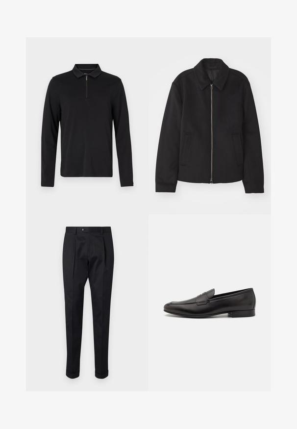 Μαύρο μπουφάν με φερμουάρ, κομψή γραμμή, στρογγυλός γιακάς και τσέπες με άνοιγμα. Κατασκευασμένο από μαλακό, υφασμάτινο υλικό.; Μαύρη μπλούζα πόλο με μακριά μανίκια και κολάρο με φερμουάρ, φτιαγμένη από μαλακό ύφασμα, με εφαρμοστή σχεδίαση και χωρίς εμφανή μοτίβα ή αξεσουάρ.; Μαύρο παντελόνι από μαλακό ύφασμα, με πλαϊνές πιέτες στο μπροστινό μέρος, κουμπί κλεισίματος και διπλωμένα μανίκια στον αστράγαλο.; Μαύρα δερμάτινα λουστρίνια με κομψό σχέδιο, στρογγυλή μύτη και χαμηλό σωρό τακουνιού. Διαθέτουν διακοσμητική ραφή στο πάνω μέρος.