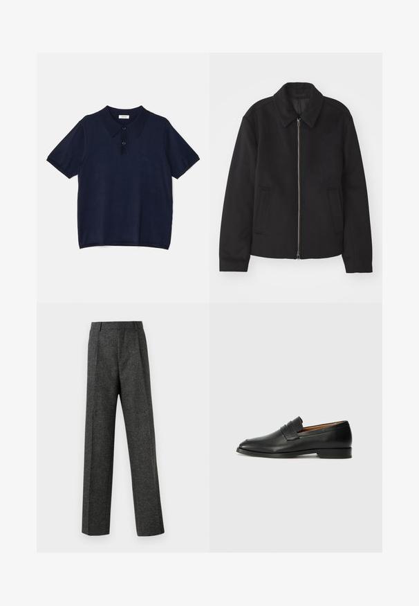 Juodas švarkas su užtrauktuku, pritaikyta forma, apvaliu apykakle ir kišenėmis su plyšiu. Pagamintas iš lygios, tekstūruotos medžiagos.; sandro Polo marškinėliai - marine; Pilki pritaikyti kelnių modeliai, pagaminti iš tekstūruotos medžiagos, su dviem priekiniais klostėmis ir tiesiogine kojų forma. Nėra matomų kišenių ar puošybų.; Juodas odinis loaferis su apvaliu nosiu, subtiliomis siuvimo detalėmis ir žemu kulnu, pasižymintis lygia tekstūra ir minimalistiniu dizainu.