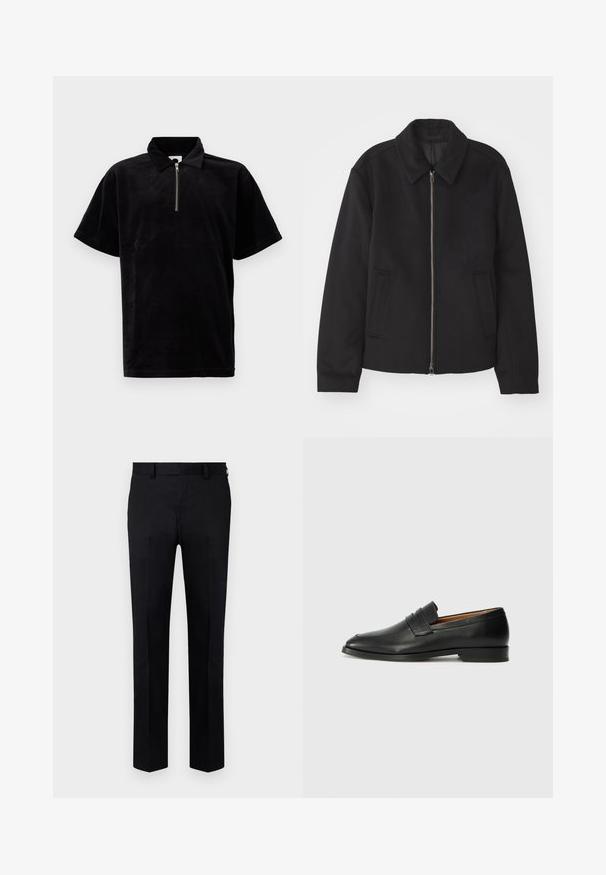 Černá bunda se zipovým uzávěrem, střižená designem, kulatým límcem a kapsami na bocích. Vyrobena z hladké, strukturované tkaniny.; Černé polo tričko vyrobené z měkkého, plyšového materiálu, s krátkým zipem, volným střihem a krátkými rukávy s klasickým límečkem.; Černé kalhoty z hladkého materiálu, s rovnými nohavicemi, předním skladem a poutky na opasek v pase. Žádné viditelné vzory ani akcenty.; Černé kožené mokasíny s kulatou špičkou, jemným prošíváním a nízkým podpatkem, s hladkým povrchem a minimalistickým designem.