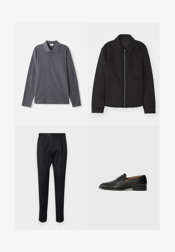 Crna jakna s patentnim zatvaračem, prilagođenog dizajna, zaobljenim kragnom i proreznim džepovima. Izrađena od glatkog, teksturiranog materijala.; Polo majica s dugim rukavima u tamnosivoj boji od pamuka, s klasičnom kragnom, tri dugmadi i opuštenim krojem. Glatka tekstura.; Crne hlače od glatkog materijala, s preklopom sprijeda, kopčanjem na gumb i smotanim manžetama na gležnju.; Crni kožni loafer s okruglim vrhom, suptilnim šavovima i niskim petama, s glatkom teksturom i minimalističkim dizajnom.