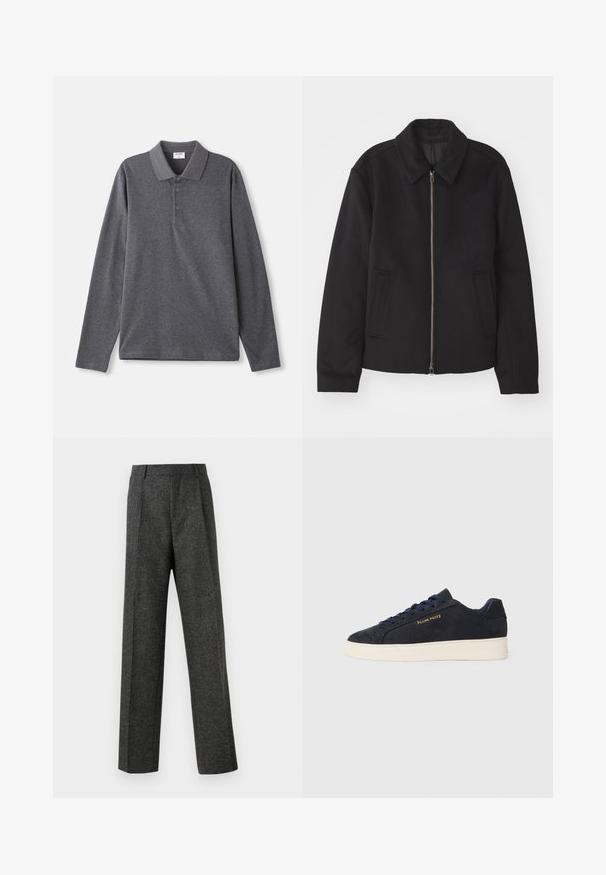 Crna jakna s patentnim zatvaračem, prilagođenog dizajna, zaobljenim kragnom i proreznim džepovima. Izrađena od glatkog, teksturiranog materijala.; Polo majica s dugim rukavima u tamnosivoj boji od pamuka, s klasičnom kragnom, tri dugmadi i opuštenim krojem. Glatka tekstura.; Sive prilagođene hlače od teksturiranog materijala, s dva prednja nabora i ravnim krojem. Nema vidljivih džepova ili ukrasa.; Navy plave sačmene niske tenisice s bijelim potplatom, mornarskim vezicama i "Filling Pieces" logotipom u zlatnoj boji sa strane.