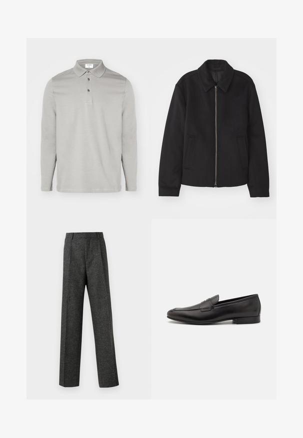 Černá bunda se zipovým uzávěrem, střižená designem, kulatým límcem a kapsami na bocích. Vyrobena z hladké, strukturované tkaniny.; Pánská polokošile s dlouhým rukávem v světle šedé barvě, vyrobená z měkké látky. Má klasický límec, zapínání na tři knoflíky a jemné detaily v šití.; Šedé kalhoty na míru vyrobené z texturované tkaniny, s dvěma předními záhyby a rovnými nohavicemi. Bez viditelných kapes nebo ozdob.; Černé kožené mokasíny s elegantním designem, zaoblenou špičkou a nízkým podpatkem. Mají dekorativní prošívaný detail na svršku.