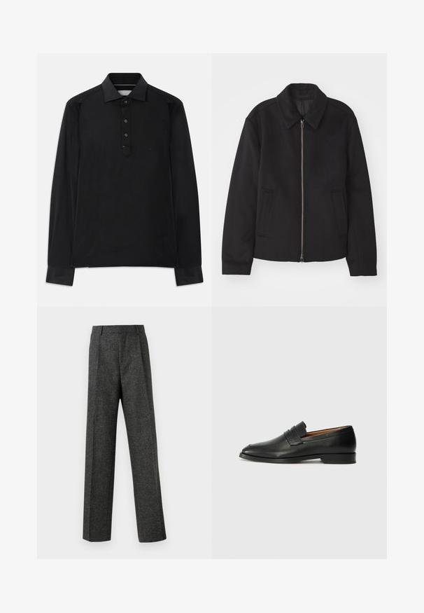Svart jacka med dragkedjestängning, skräddarsydd design, rund krage och slitsfickor. Tillverkad av ett slätt, strukturerat tyg.; Svart pikétröja med lång ärm, treknapplås, spetsig krage och diskret "MK"-logotyp på bröstet.; Grå skräddarsydda byxor i texturerat tyg, med två framvikningar och rak bendesign. Inga synliga fickor eller utsmyckningar.; Svart läderloafersko med rund tå, subtila sömnadsdetaljer och låg klack, med en jämn yta och minimalistisk design.