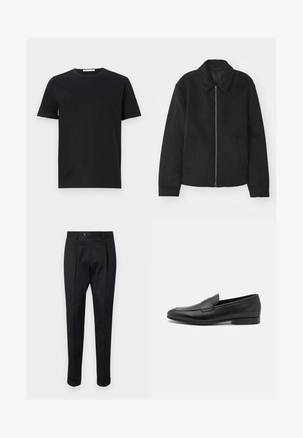 Casaco preto com fecho de correr, design ajustado, colarinho redondo e bolsos com fenda. Feito de um tecido liso e texturizado.; T-shirt de algodão preto com gola redonda, mangas curtas e uma textura suave. Apresenta uma etiqueta de marca visível na gola.; Calças pretas feitas de um tecido suave, com um vinco na frente, fechamento com botão e punhos dobrados no tornozelo.; Sapatilha masculina em couro preto, com salto baixo e um design clássico com tira de moeda, apresentada em perfil lateral sobre um fundo branco.