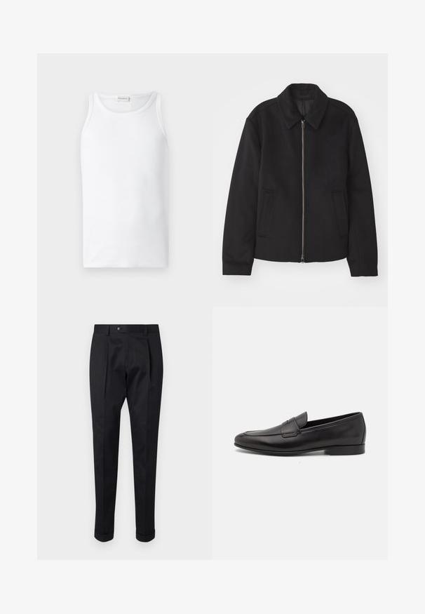 Black jacket with a zip closure, tailored design, a rounded collar, and slit pockets. Made from a smooth, textured fabric.; White tank top, made of ribbed cotton fabric, featuring a crew neckline and sleeveless design, smooth texture, and no visible patterns.; Black trousers made of a smooth fabric, featuring a fold at the front, a button closure, and rolled cuffs at the ankle.; Black leather men's loafer with a low heel and a classic penny strap design, shown in side profile on a white background.