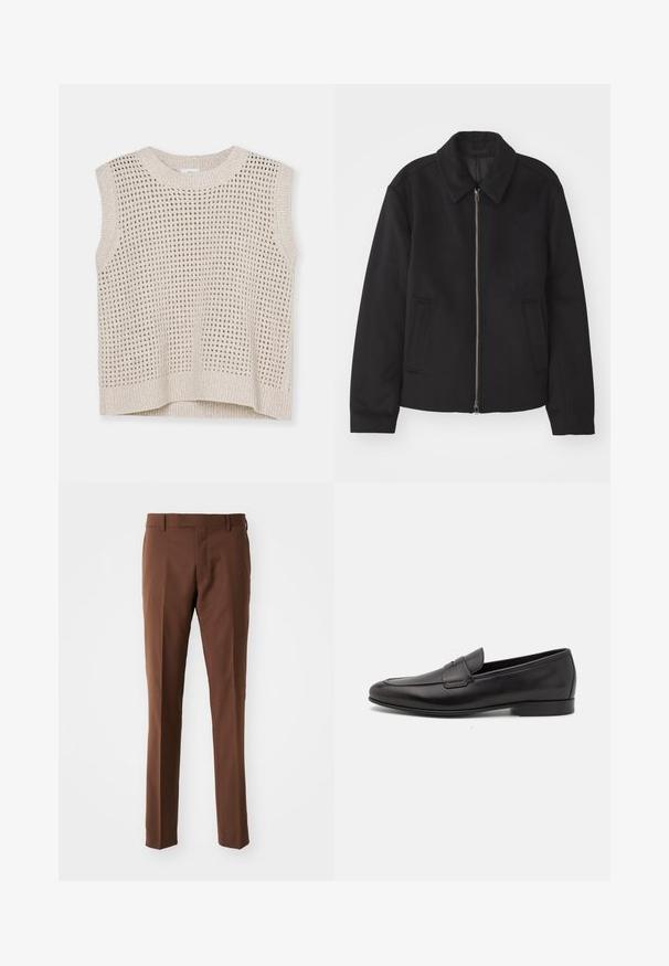 Casaco preto com fecho de correr, design ajustado, colarinho redondo e bolsos com fenda. Feito de um tecido liso e texturizado.; Top sem mangas em bege claro com padrão de malha aberta, decote redondo e bainha canelada. Textura suave; design casual adequado para sobreposição.; Calças castanhas, ajustadas, com frente plana, corte reto, textura suave e passantes para cinto. Sem padrões visíveis ou detalhes em metais.; Sapatilha masculina em couro preto, com salto baixo e um design clássico com tira de moeda, apresentada em perfil lateral sobre um fundo branco.