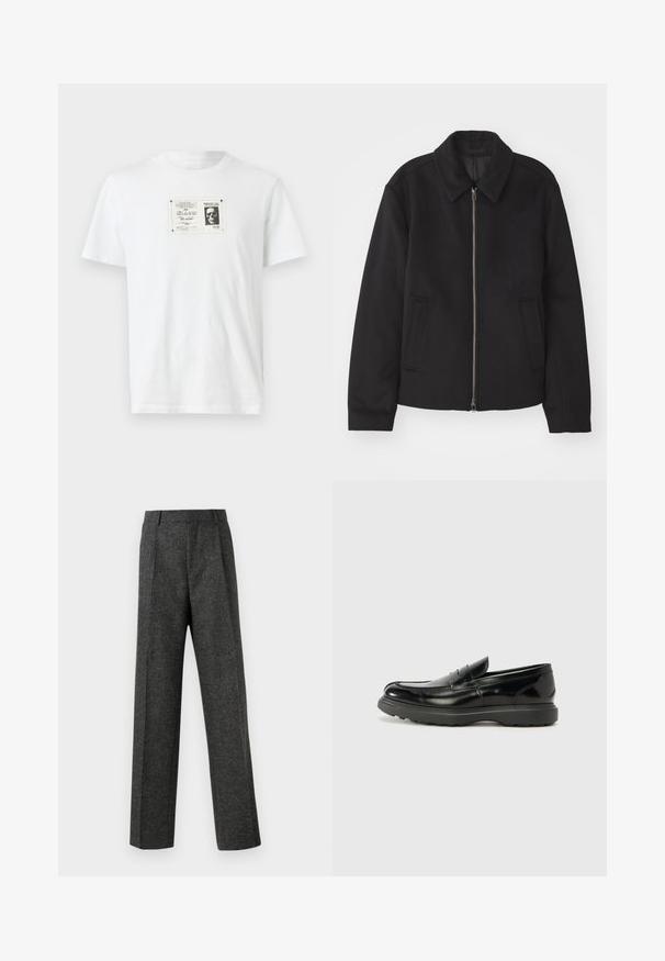 Must mustriga, mis on varustatud lukuga, kohandatud disaini, ümarate kaeluste ja lõhesalongidega taskudega. Valmistatud siledast, tekstuurilisest kangast.; Valge puuvillane T-särk, mille esiosas on musta ja valget tooni grafitiprint koljust, millel on ristkülikukujuline äär. Lühikesed varrukad, ümar kaelus.; Hallidehased hallid püksid tekstureeritud kangast, millel on kaks eesmist voldi ja sirge sääre disain. Pole nähtavaid taskuid ega kaunistusi.; Must musta nahk loafer läikiva viimistlusega, ümar varvas, delikaatsed õmblusdetailid ja paks kummist tallad vastupidavuse tagamiseks.