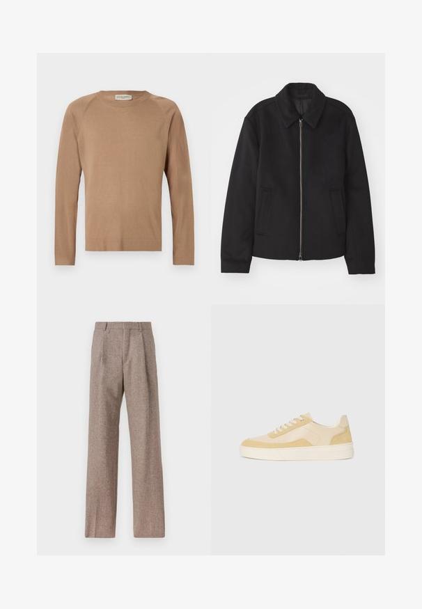 Casaco preto com fecho de correr, design ajustado, colarinho redondo e bolsos com fenda. Feito de um tecido liso e texturizado.; Suéter de malha castanho claro com mangas longas, gola redonda e costuras raglan. Textura suave e design simples. Sem adornos e versátil.; Calças castanhas de cintura alta feitas de tecido texturado. Apresentam pernas largas e duas pregas frontais para estrutura. Acabamento cuidadoso sem hardware visível.; Ténis em camurça e pele amarelo claro, com sola almofadada e detalhes cosidos. Design clássico com atacadores e bico arredondado.