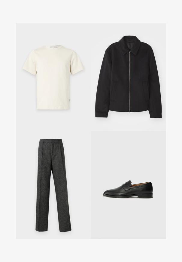 Czarna kurtka z zamkiem błyskawicznym, dopasowany krój, okrągły kołnierz i kieszenie cięte. Wykonana z gładkiego, teksturowanego materiału.; Jasno beżowy t-shirt z bawełny, z okrągłym dekoltem i krótkimi rękawami. Posiada prosty krój i małą metkę z logo po lewej stronie.; Szare spodnie o dopasowanym kroju wykonane z teksturowanej tkaniny, z dwoma fałdami z przodu i prostymi nogawkami. Brak widocznych kieszeni i zdobień.; Czarne skórzane mokasyny z zaokrąglonym noskiem, subtelnymi przeszyciami i niskim obcasem, charakteryzujące się gładką teksturą i minimalistycznym designem.