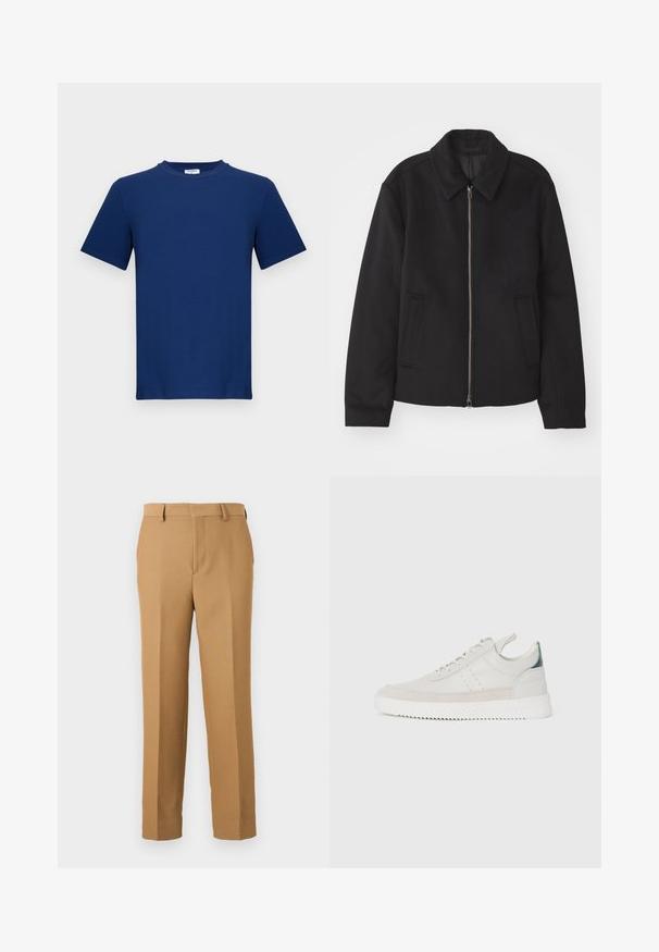 Čierna bunda so zipsom, upravený strih, okrúhly golier a bočné vrecká. Vyrobená z hladkej, textúrovanej látky.; Námornícky modré tričko s krátkym rukávom vyrobené z bavlny. Má okrúhly výstrih a rovný strih, s hladkou textúrou a bez viditeľných vzorov.; Béžové nohavice z tkaného materiálu, so rovný strihom, plochým predným dielom a pútkami na opasok. HladkáTextúra bez viditeľných vzorov.; Biele kožené tenisky s šedými semišovými akcentmi, viazanie, pútko na päte a textúrovaná gumová podrážka s cik-cak vzorom.