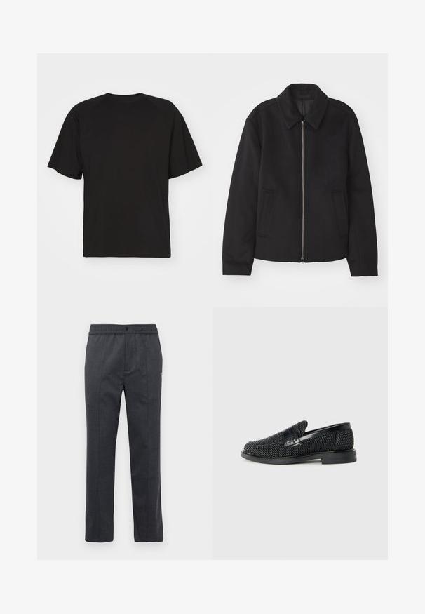 Černá bunda se zipovým uzávěrem, střižená designem, kulatým límcem a kapsami na bocích. Vyrobena z hladké, strukturované tkaniny.; Essential Collective ORGANIC COTTON - Jednoduché tričko - black; Tmavě šedé kalhoty rovného střihu s elastickým pasem, předním zapínáním na knoflík a jemným vyšitým detailem na pravé straně.; Černé pletené nazouvací boty s hladkým koženým akcentem na svršku, kulatou špičkou a nízkoprofilovou gumovou podrážkou.