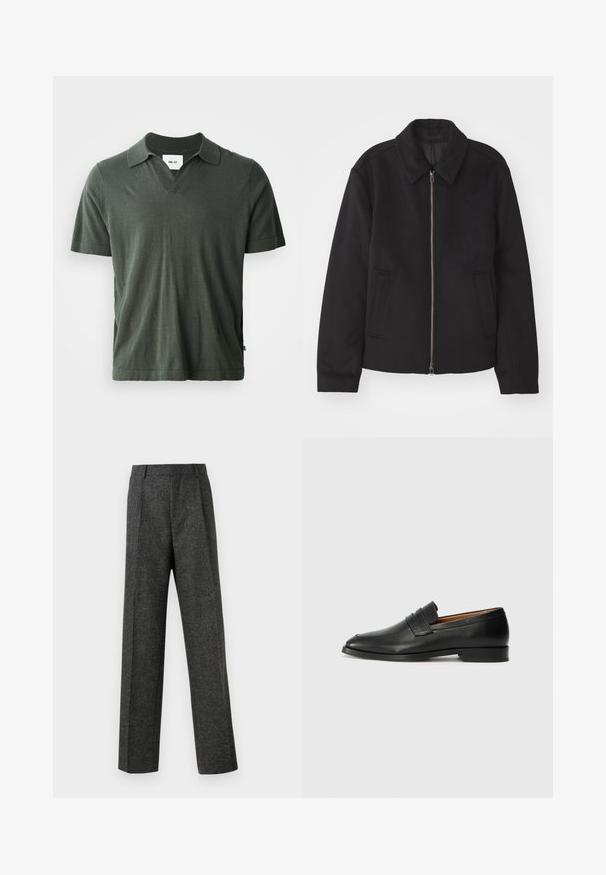 Must mustriga, mis on varustatud lukuga, kohandatud disaini, ümarate kaeluste ja lõhesalongidega taskudega. Valmistatud siledast, tekstuurilisest kangast.; Tumedast roheline lühikeste varrukatega polo särk, millel on V-kaelus, valmistatud pehmest kangast, sirge serv ja külgmised lõhed mugavuse tagamiseks.; Hallidehased hallid püksid tekstureeritud kangast, millel on kaks eesmist voldi ja sirge sääre disain. Pole nähtavaid taskuid ega kaunistusi.; Must musta loafers ümarate varvastega, peene tikandiga ja madala kontsaga, millel on sile tekstuur ja minimalistlik disain.
