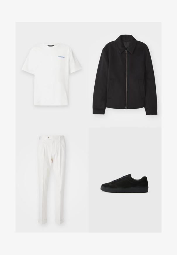 Fekete dzseki cipzárral, testreszabott dizájnnal, kerek nyakkal és zsebekkel. Sima, texturált anyagból készült.; Fehér pamut póló rövid ujjal, bal melle részén kék színű "HAGYD BENJAMINT!" felirattal, és klasszikus kerek nyakú kialakítással.; Fehér, szabott nadrág lapos elülső résszel, két redővel és felgöngyölített szárakkal. Simás anyagból készült, deréknál gombos zárással.; Fekete velúr sneaker lapos, texturált talppal, kerek orral, hat fűzőlyukkal és minimalista dizájnnal.