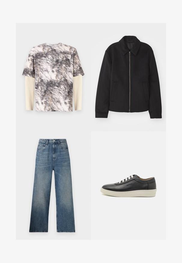 Black jacket with a zip closure, tailored design, a rounded collar, and slit pockets. Made from a smooth, textured fabric.; Short-sleeve shirt with a textured gray and beige abstract pattern, featuring a chest pocket and layered long sleeves in a ribbed texture.; Blue denim wide-leg jeans with a high waist, featuring subtle fading, five pockets, and a metal button closure at the front.; Black leather sneaker featuring a white rubber sole, round toe, and flat laces, with side stitching details and subtle branding.