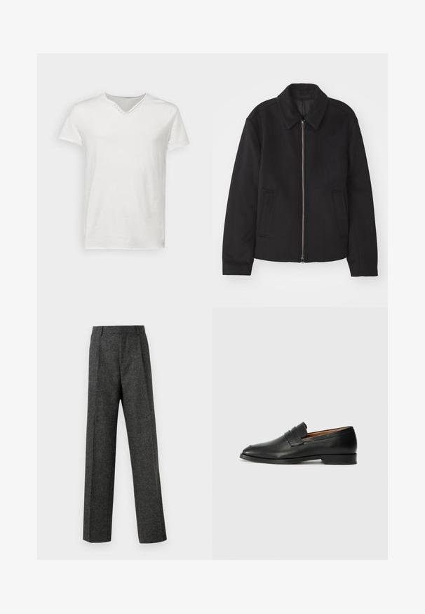 Black jacket with a zip closure, tailored design, a rounded collar, and slit pockets. Made from a smooth, textured fabric.; White short-sleeve t-shirt made of soft cotton. Features a v-neck with a decorative button detail near the neckline. Smooth texture.; Gray tailored trousers made of textured fabric, featuring two front pleats and a straight-leg design. No visible pockets or embellishments.; Black leather loafer with a rounded toe, subtle stitched detailing, and a low heel, featuring a smooth texture and minimalist design.