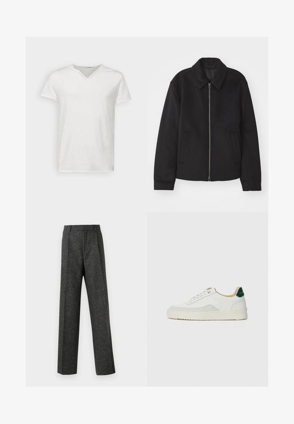 Černá bunda se zipovým uzávěrem, střižená designem, kulatým límcem a kapsami na bocích. Vyrobena z hladké, strukturované tkaniny.; Bílý krátký rukávový tričko vyrobené z měkké bavlny. Má výstřih do V s dekoračním knoflíkovým detailem blízko výstřihu. Hladká textura.; Šedé kalhoty na míru vyrobené z texturované tkaniny, s dvěma předními záhyby a rovnými nohavicemi. Bez viditelných kapes nebo ozdob.; Bílé tenisky se semišovými prvky, kulatou špičkou, plochými tkaničkami a krémovou gumovou podrážkou. Na patě mají zelené logo.