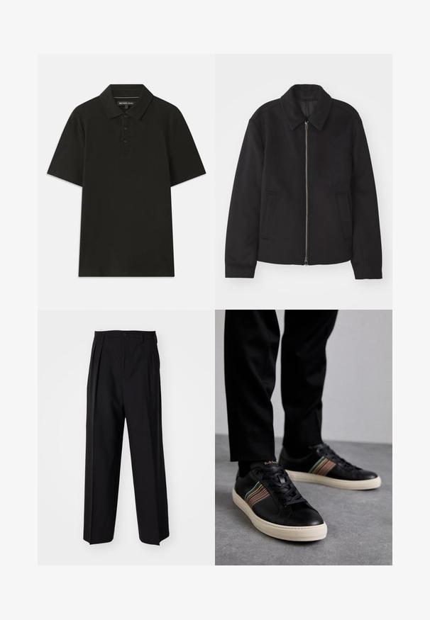 Μαύρο μπουφάν με φερμουάρ, κομψή γραμμή, στρογγυλός γιακάς και τσέπες με άνοιγμα. Κατασκευασμένο από μαλακό, υφασμάτινο υλικό.; Μαύρο πόλο μπλουζάκι από υφασμάτινη υφή. Διαθέτει κολάρο τριών κουμπιών και κανονικό γιακά. Κοντά μανίκια και ίσια τελείωμα.; Μαύροι πιέτες παντελόνια με ίσια, φαρδιά γραμμή. Κατασκευασμένα από λείο ύφασμα, με κλείσιμο με κουμπί και θηλιές για ζώνη.; Μαύρα δερμάτινα αθλητικά παπούτσια με πολύχρωμες ρίγες, στρογγυλή μύτη και λευκές καουτσούκ σόλες, με σχέδιο που δένει και ανάγλυφο λογότυπο.